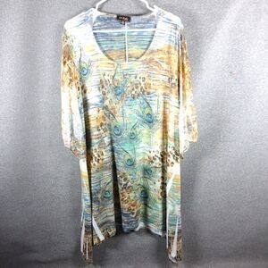 Cal Style USA Peacock Feather Rhinestone Tunic Top XL Boho Lace Bell Sleeve